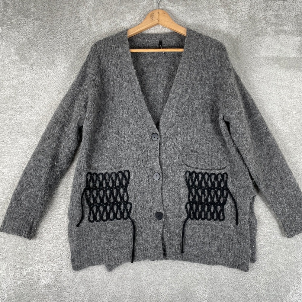 PierAntonioGaspari Cardigan Womens Small Gray Alpaca Wool Knit Macrame Pocket